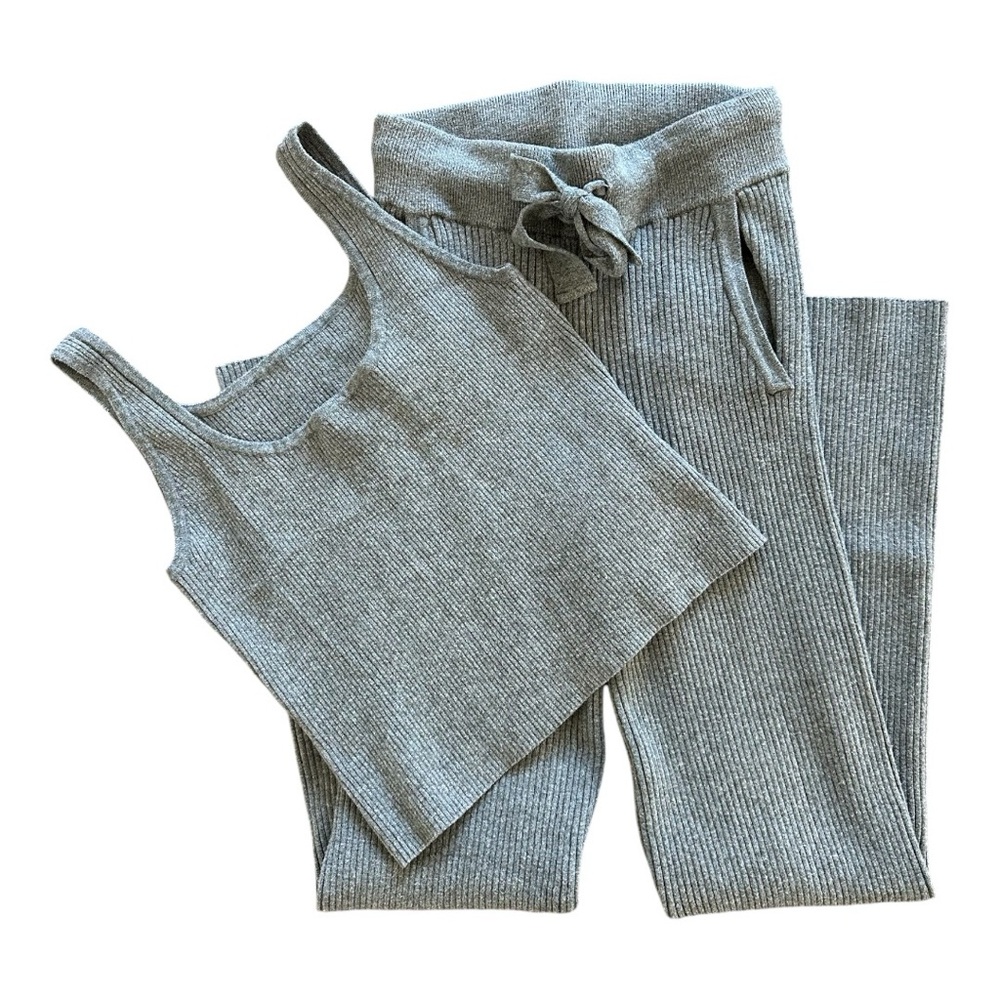 Gray Ribbed Lounge Track Pants & Tank Set
